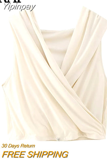 Yipinpay Pleated Crop Top Woman Sleeveless Hooded Blouses Women Casual Fashion Woman Blouse 2023 Streetwear Cropped Blouses Female